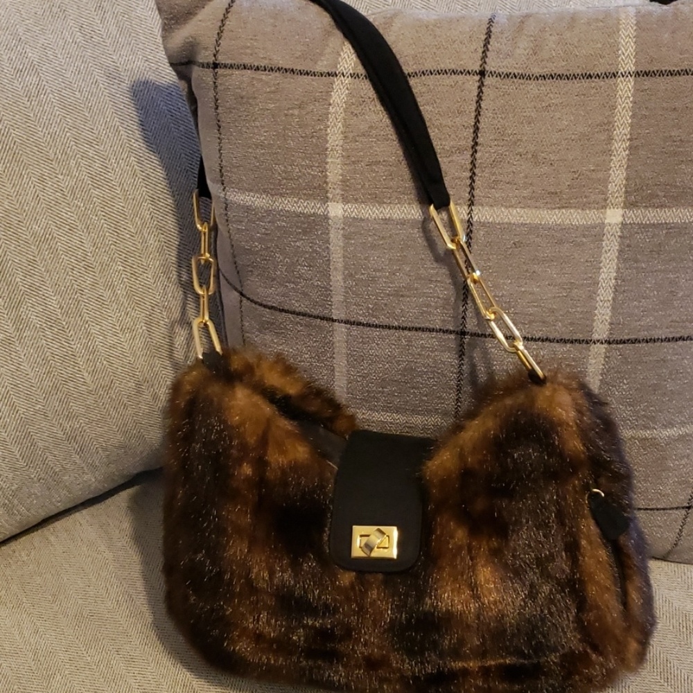 Faux Fur Bag with Gold Trim
